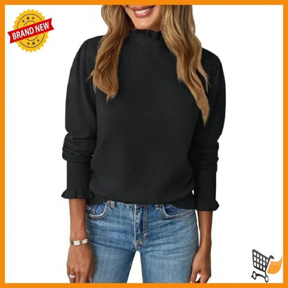 Ruffle Mock Neck Sweater Puff Sleeve Knit Pullover Women's Fall Top
